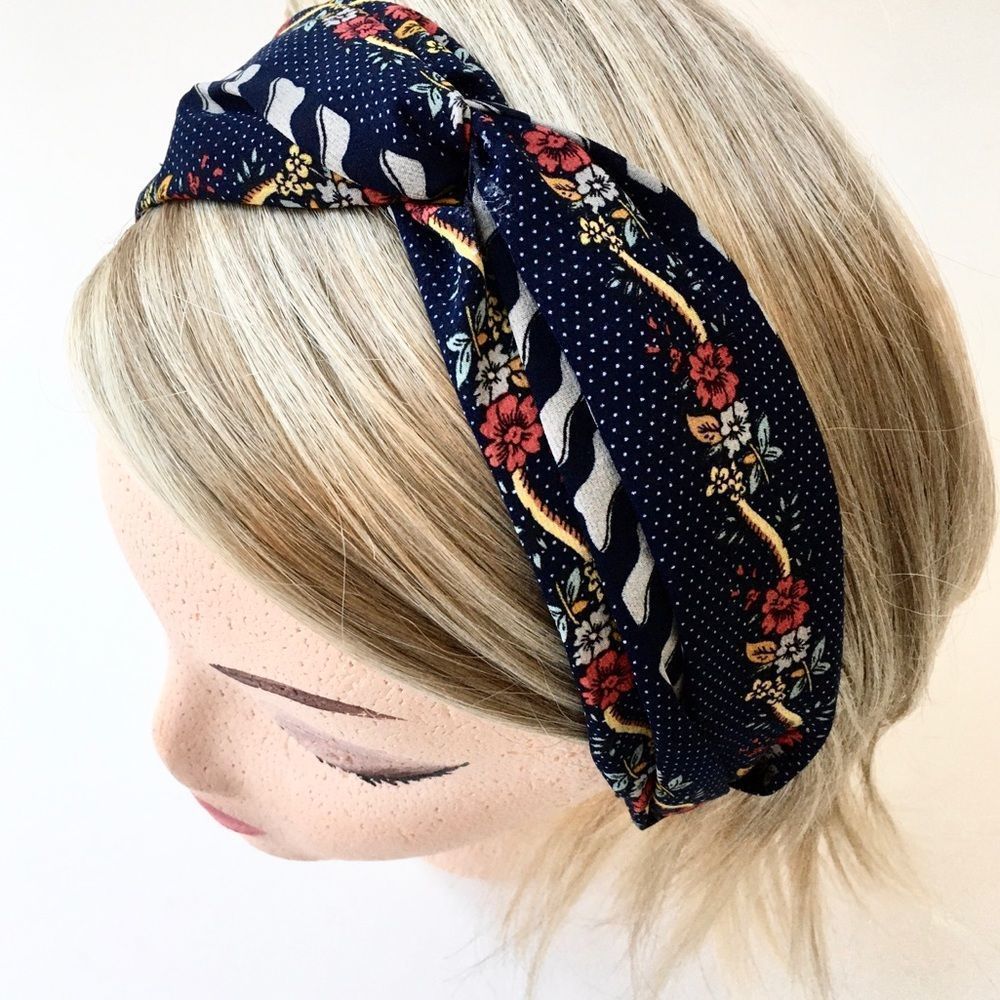 Navy Floral Fabric Covered Wide Headband, NWT